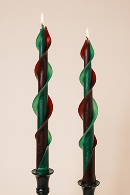green burgundy-twisted beeswas candles